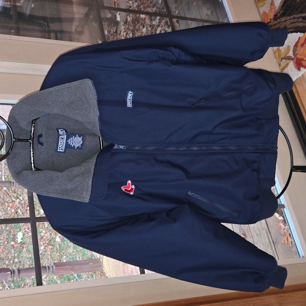 Lands' End Men's Navy Blue & Gray Fleece Lined Sz. M Jacket w Holiday Patch NWOT